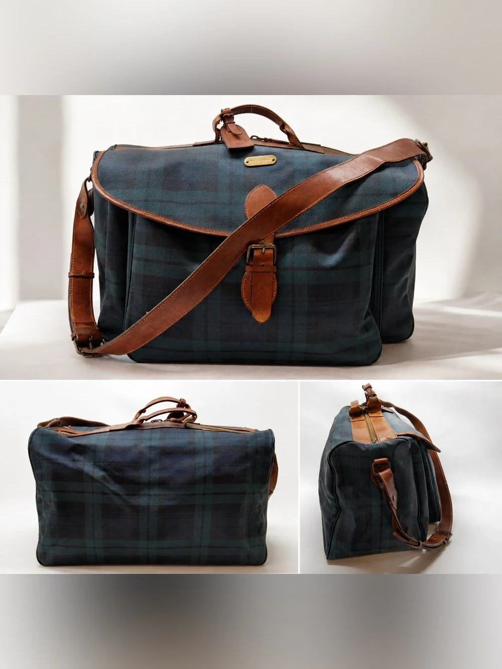 Polo by Ralph Lauren Plaid Travel Weekender Duffle Bag with Brown Leather Trim
